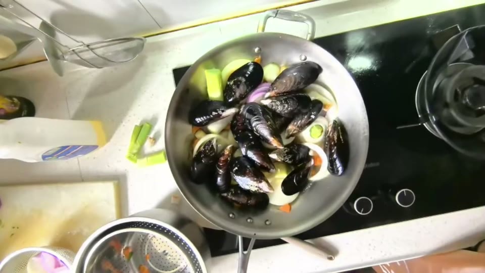 Steamed Mussels in Spencer's kitchen